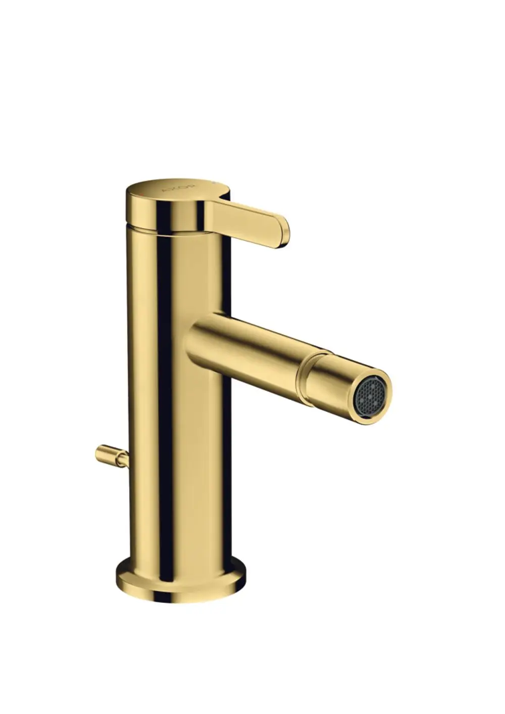 Bidetmischer von AXOR in Polished Gold Optik. Einhebel-Design mit seitlichem Zug für Ablaufgarnitur. Moderner Look, geeignet für verschiedene Badezimmereinrichtungen.